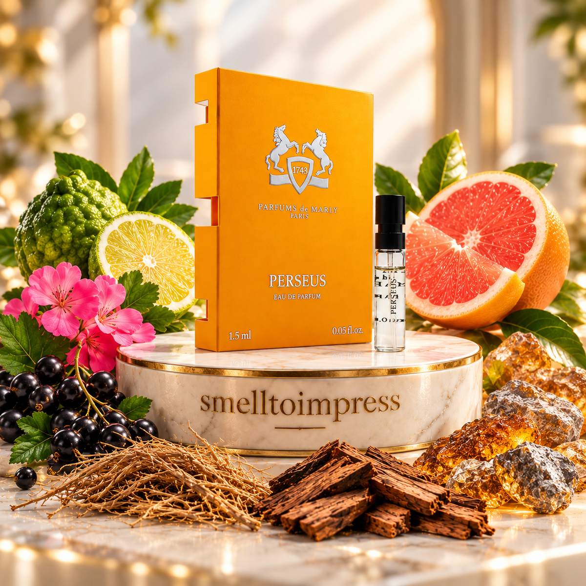 kuva Parfums de Marly Perseus 1,5 ml virallisesta hajuvesinäytteestä, toimittajana Smelltoimpress