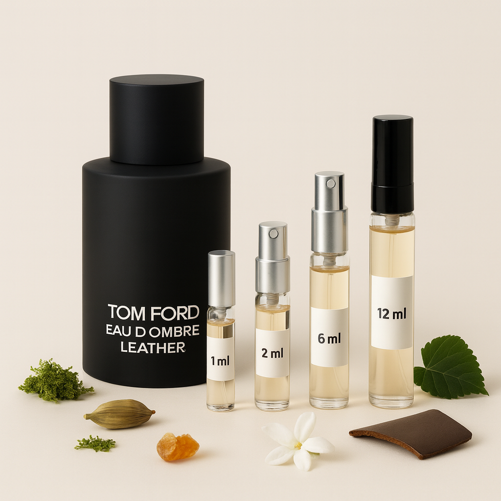 Tom Ford Eau d’Ombre Leather -pullo ja 1 ml, 2 ml, 6 ml ja 12 ml näytepullot vaalealla taustalla, kardemumman, jasmiinin, meripihkan, sammaleen ja nahan sävyillä