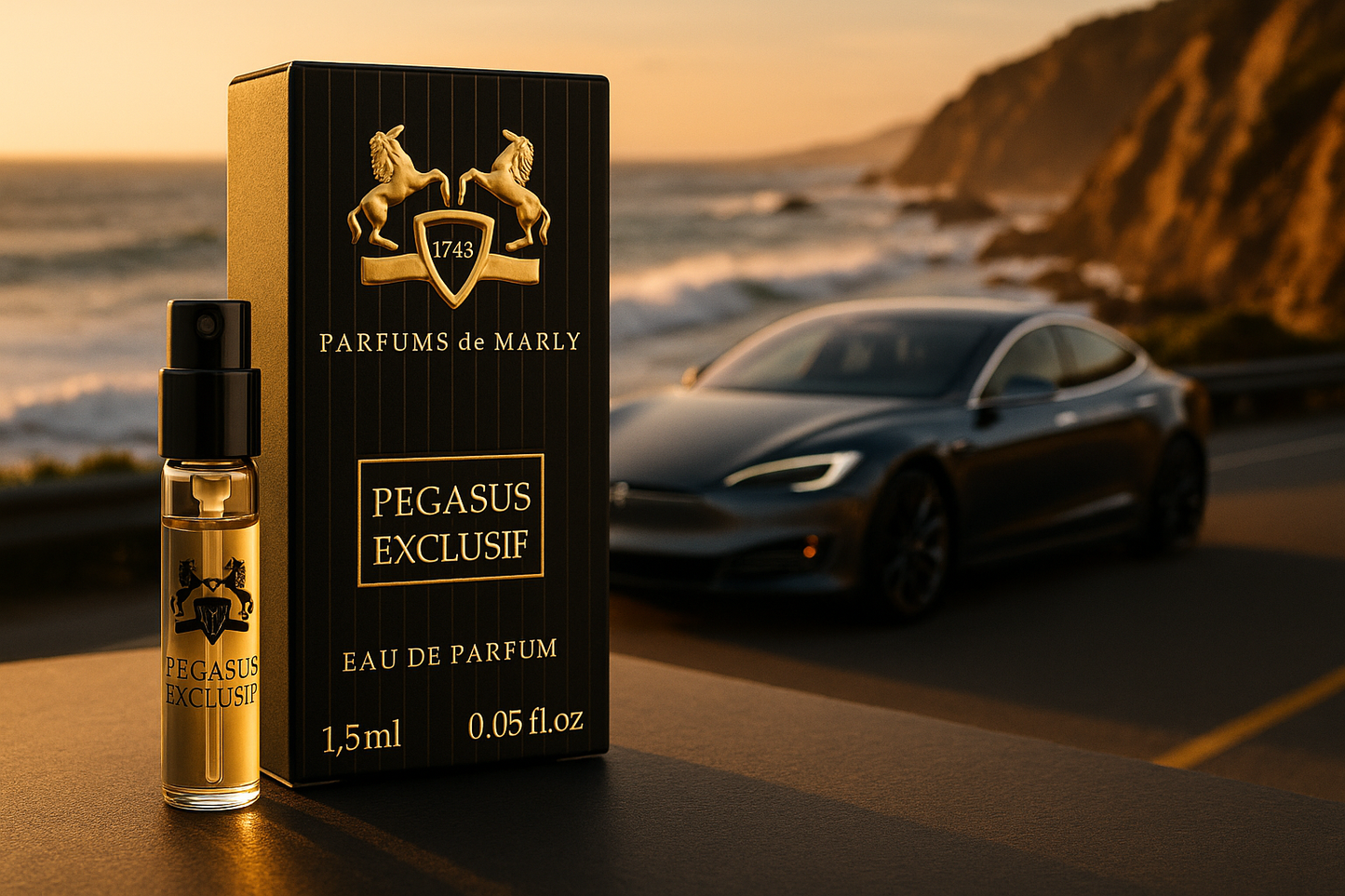 Parfums De Marly Pegasus Exclusif virallinen hajuvesinäyte 1,5 ml 0,05 fl. o.z. hajustetesteri, taustalla ylellinen sähköauto rannikolla