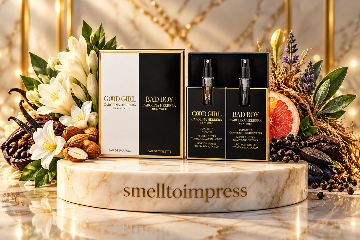 kuva Carolina Herrera Good Girl 1,5 ml + Bad Boy 1,5 ml hajuvesinäytepaketista
