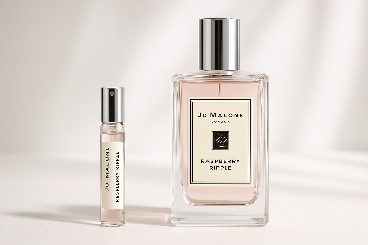 Jo Malone Raspberry Ripple 2 ml hajuvesinäyte 100 ml Jo Malone Raspberry Ripple hajuvesipullon vieressä