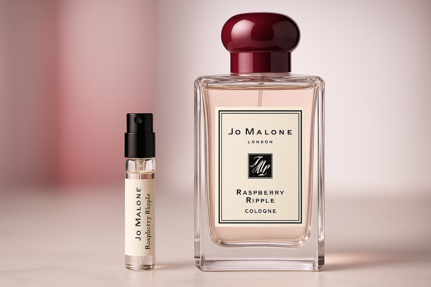 Jo Malone Raspberry Ripple Cologne hajuvesinäytteet, 1 ml hajuvesinäyte 100 ml koon Jo Malone Raspberry Ripple Cologne hajuvesipullon vieressä