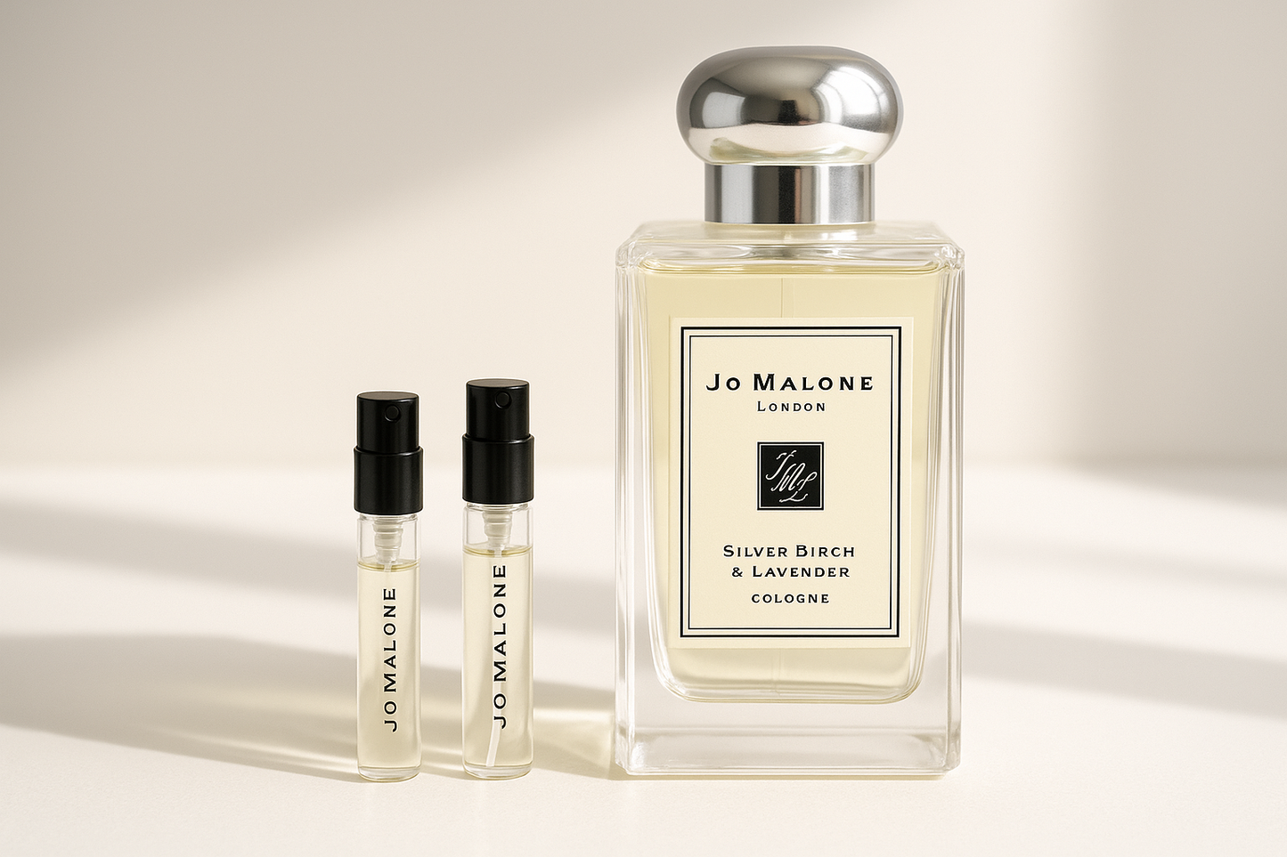 Jo Malone Silver Birch & Lavender Cologne hajuvesinäytteet 1ml Jo Malone Silver Birch 100ml tuoksun vieressä