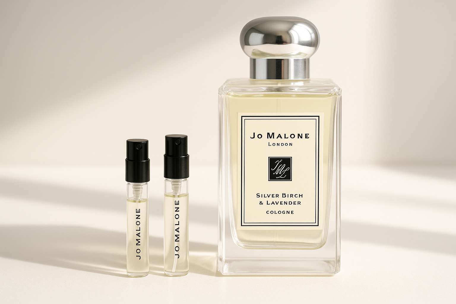 Jo Malone Silver Birch & Lavender Cologne hajuvesinäytteet 1ml Jo Malone Silver Birch 100ml tuoksun vieressä