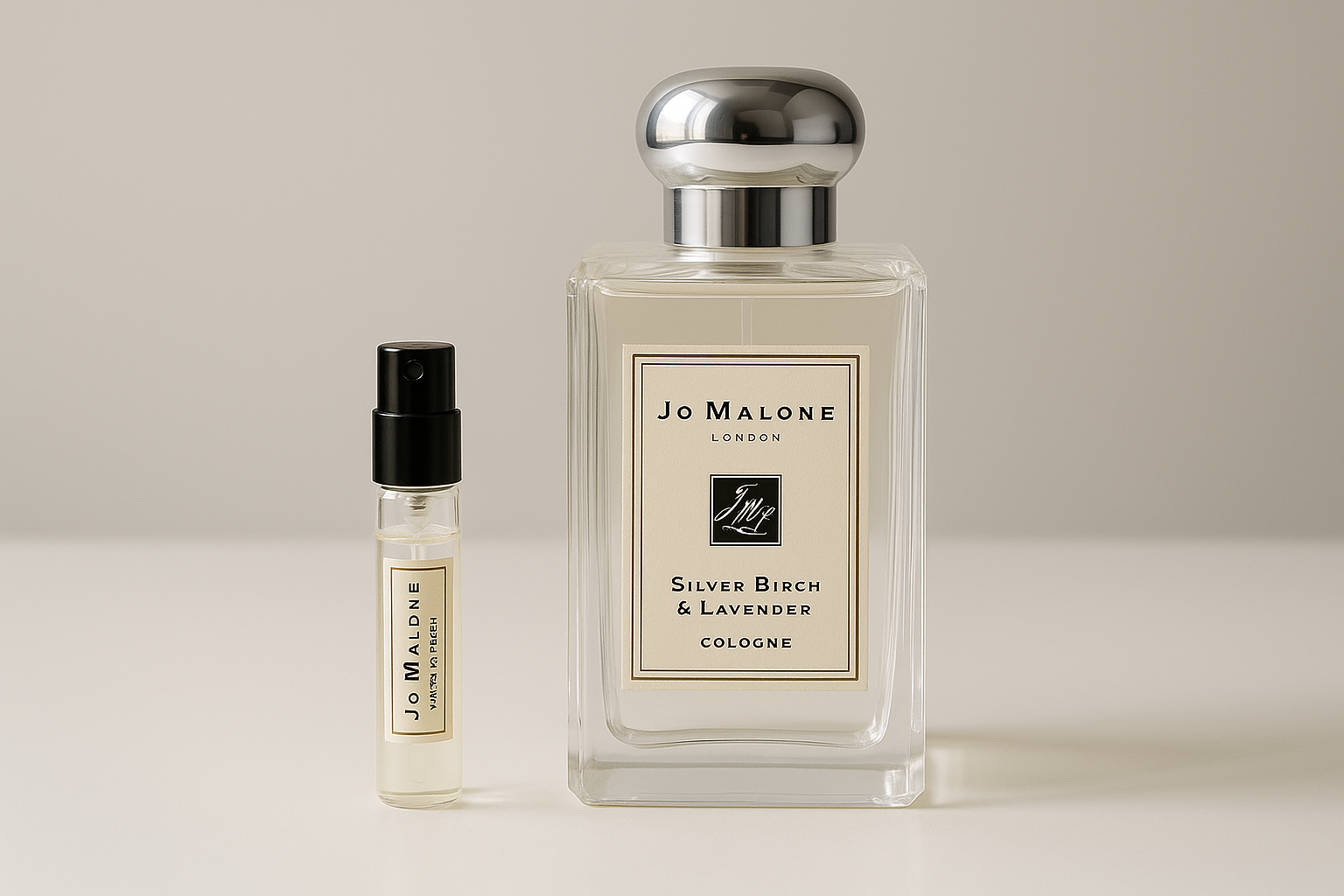 Jo Malone Silver Birch & Lavender Cologne hajuvesinäytteet, 2 ml hajuvesinäyte 100 ml Jo Malone Silver Birch & Lavender -tuoksun vieressä