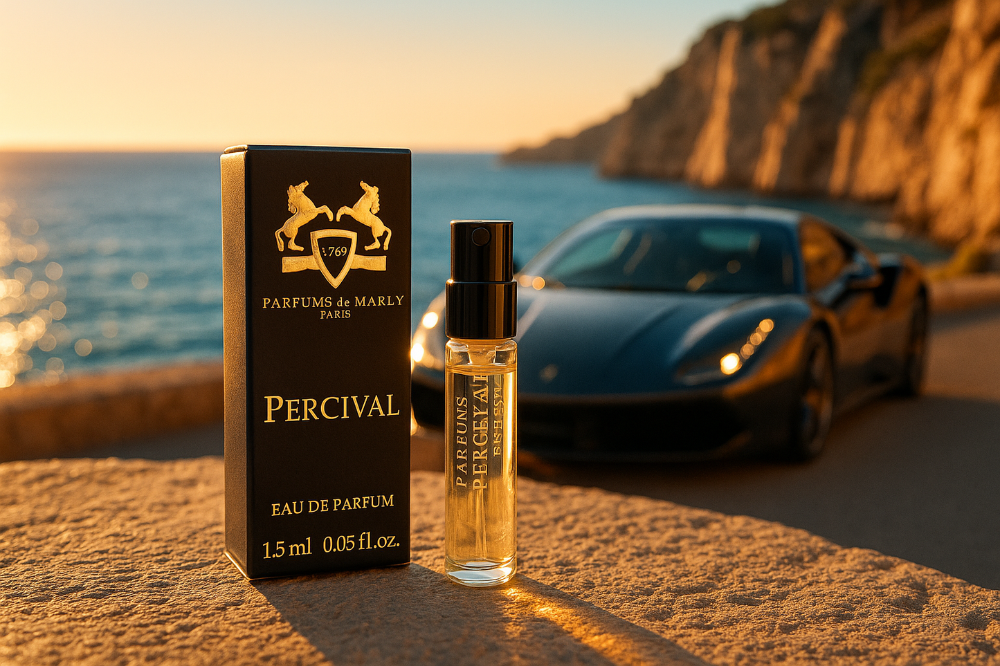 Parfums De Marly Percival virallinen tuoksunäyte 1,5 ml 0,05 fl. o.z. hajustetesteri, luksusauto takana meren rannikolla